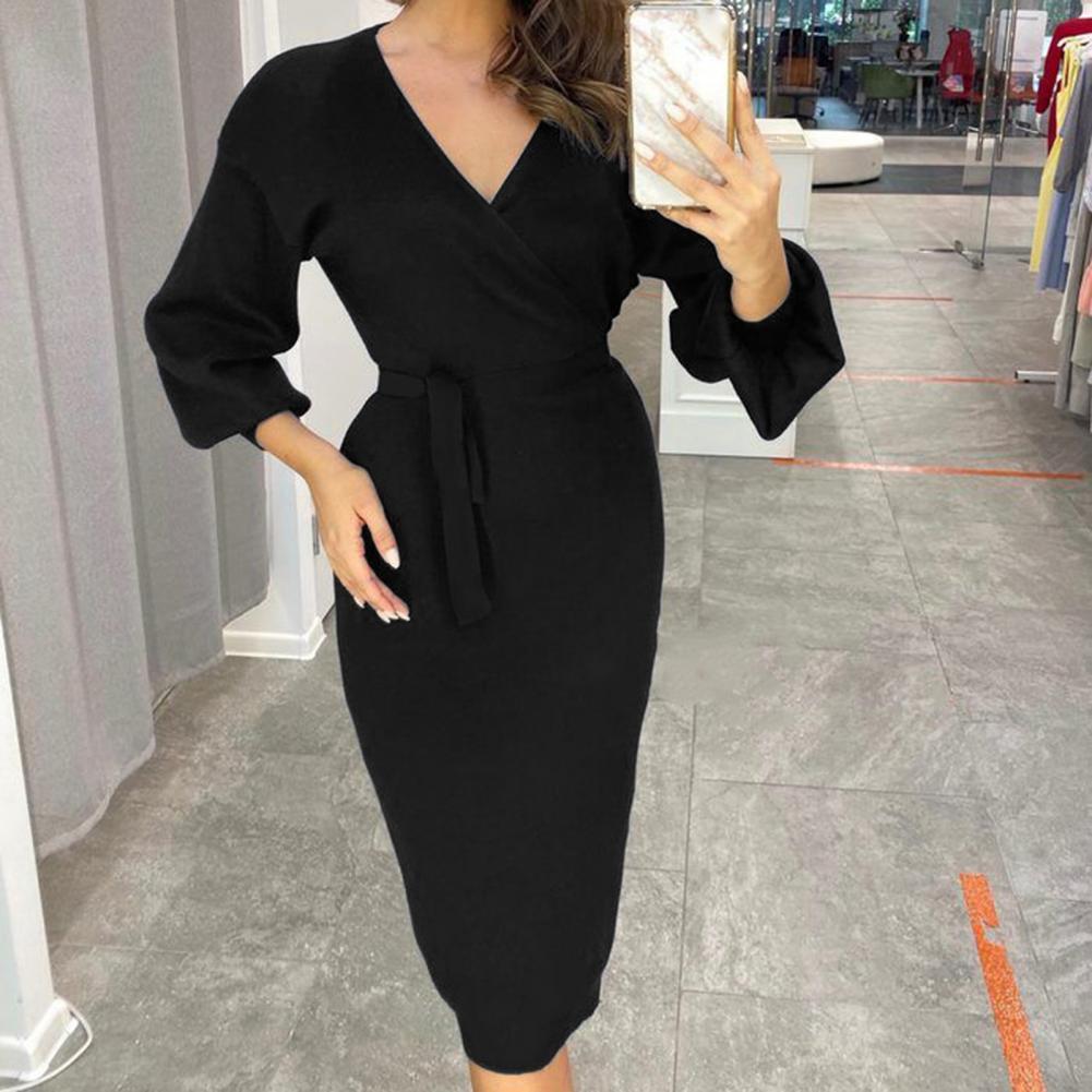 Women Dress V Neck Solid Color Strap 