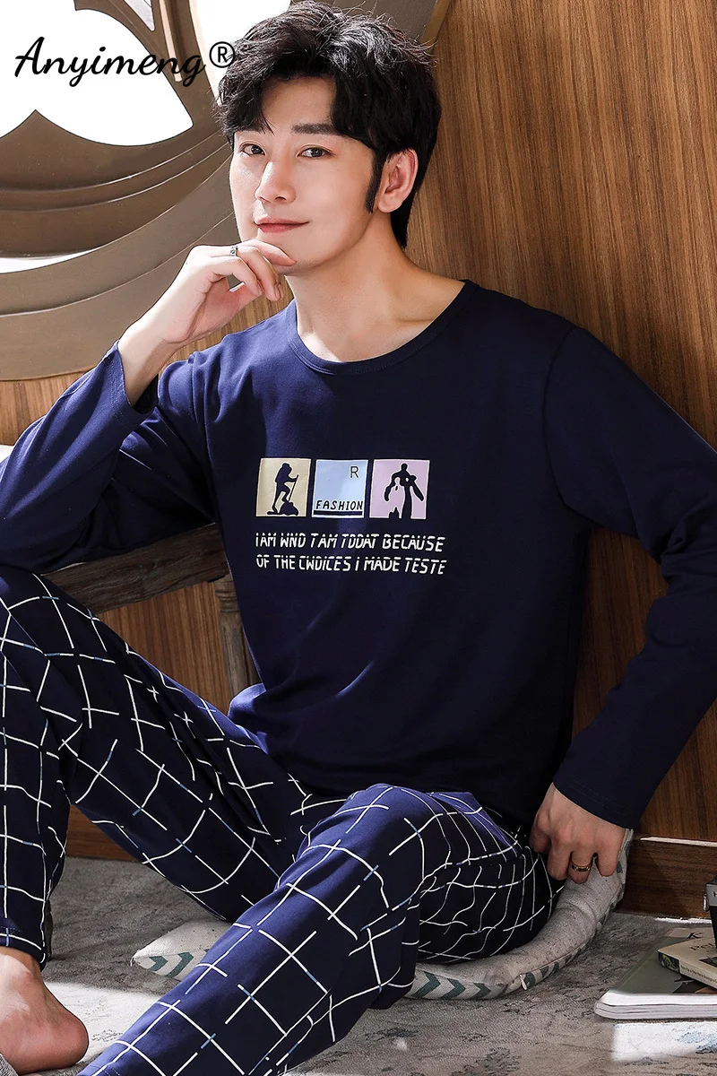 Simple Is Better! Autumn Winter Mens Pajama Set Soft Cotton Pijamas for Man Korean Sleepwear for Boy Fashion Men Casual Pyjamas mens designer pjs