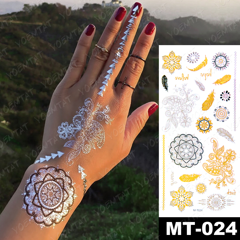 Best of Waterproof Temporary Tattoo Sticker Peacock Feather Gold Silver Metallic Flash Tatoo Henna Mandala Glitter Bracelet Body Art Reviews & Tips - Image 4