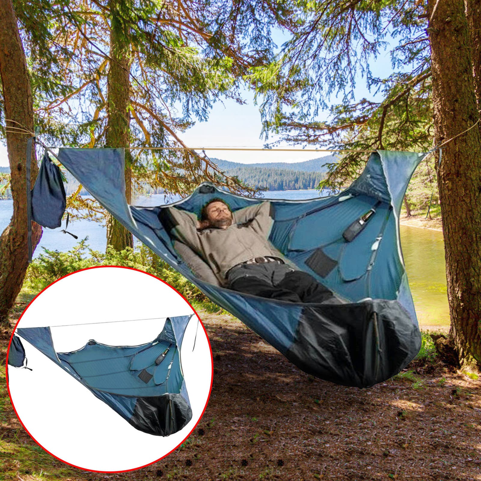 Chicmine Anti-tear Anti-mosquito Solid Straps Camping Hammock with Bed Net  Outdoor Camping Portable Multi-person Hammock Camping Equipment 