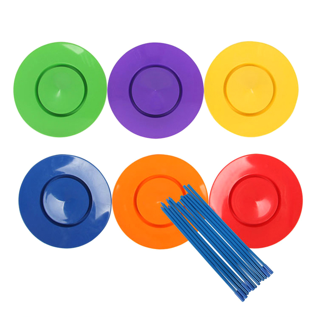 6 Set Plastic Juggling Plates Sticks Spinning Plate Set Balance Wheel Discs Toys Outdoor Games for Children and Adults