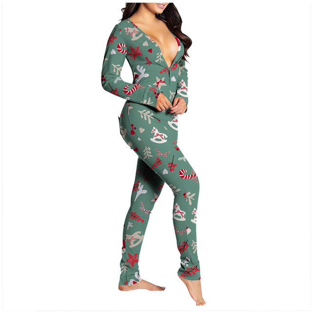 Sexy pajama for women christmas pajamas new year jumpsuit sleepwear  button-down front back butt bum open ass flap jumpsuit xmas print  loungewear