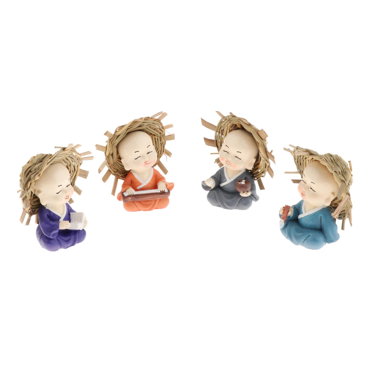 Pack of 4 Small Buddha Monk Statue Figurine Resin Kung Fu Shaolin Monk Statue Home Decor Ornaments