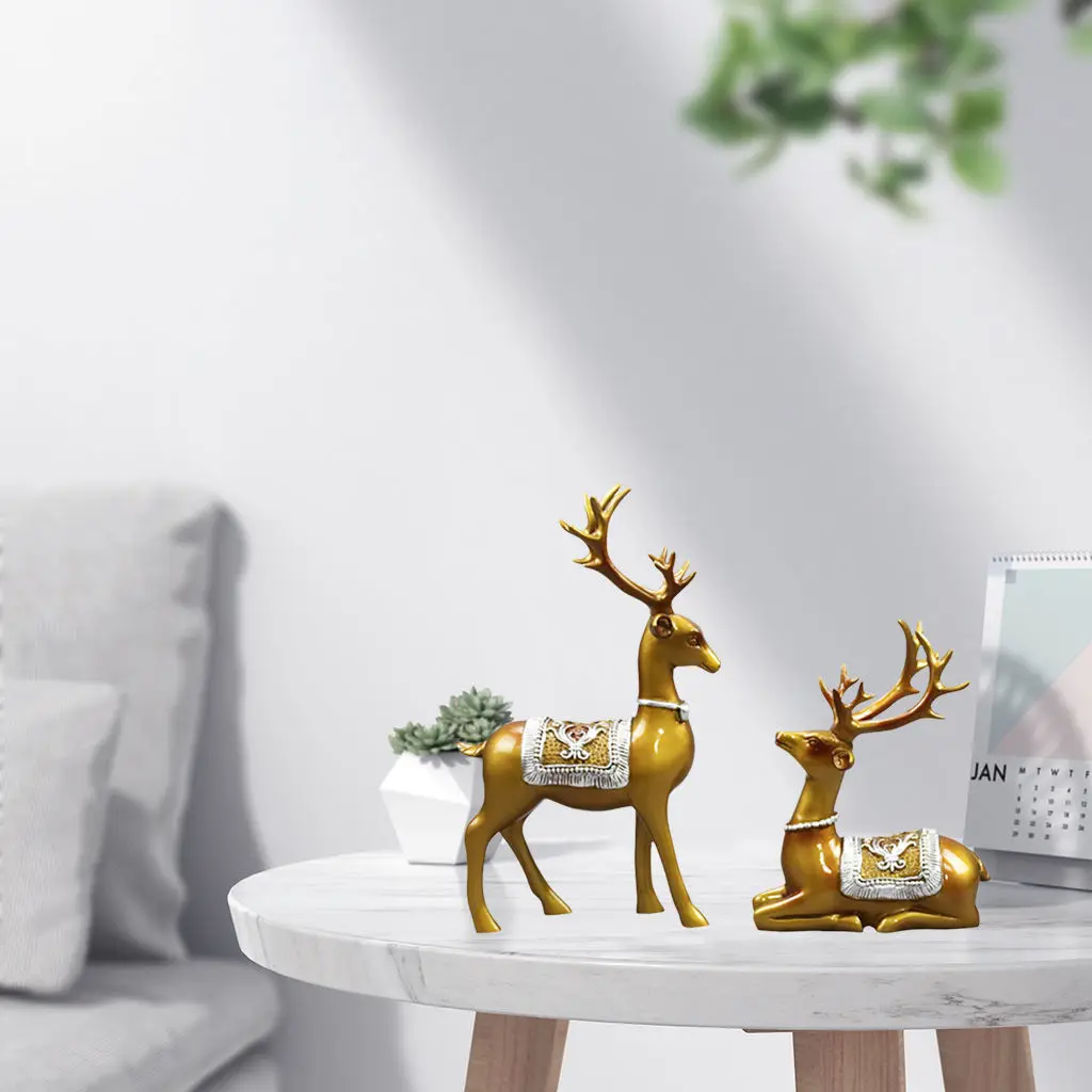 2X Resin Reindeer Lover Sculpture Elk Couple Deer Figurine Statue Home Office Decoration Feng Shui Ornament Wedding Gifts