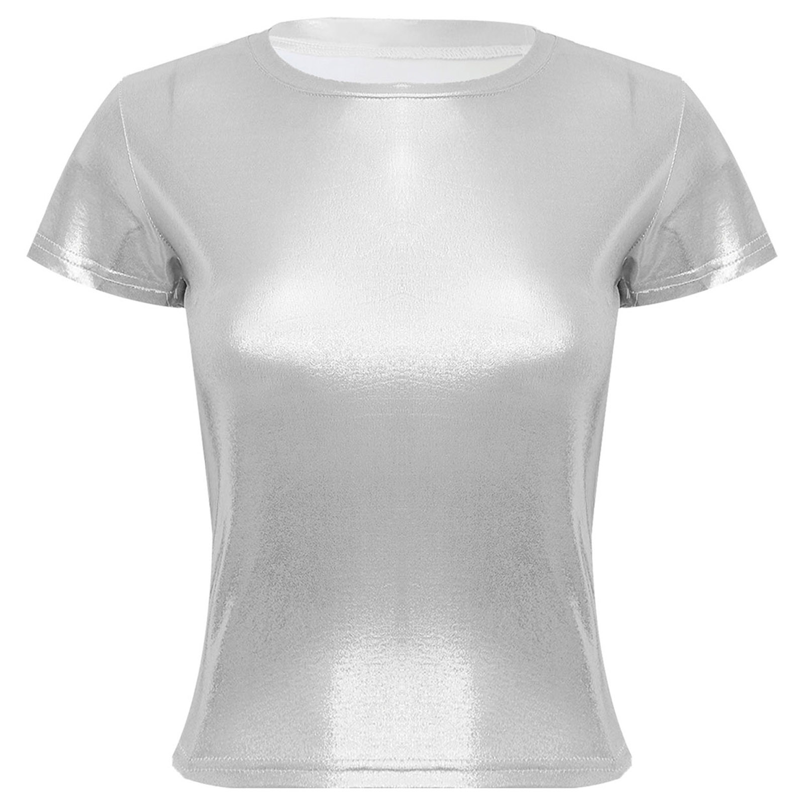 camisa metálica feminina casual brilhante manga curta pescoço brilhante harajuku topo para festa de dança rave festival clubwear