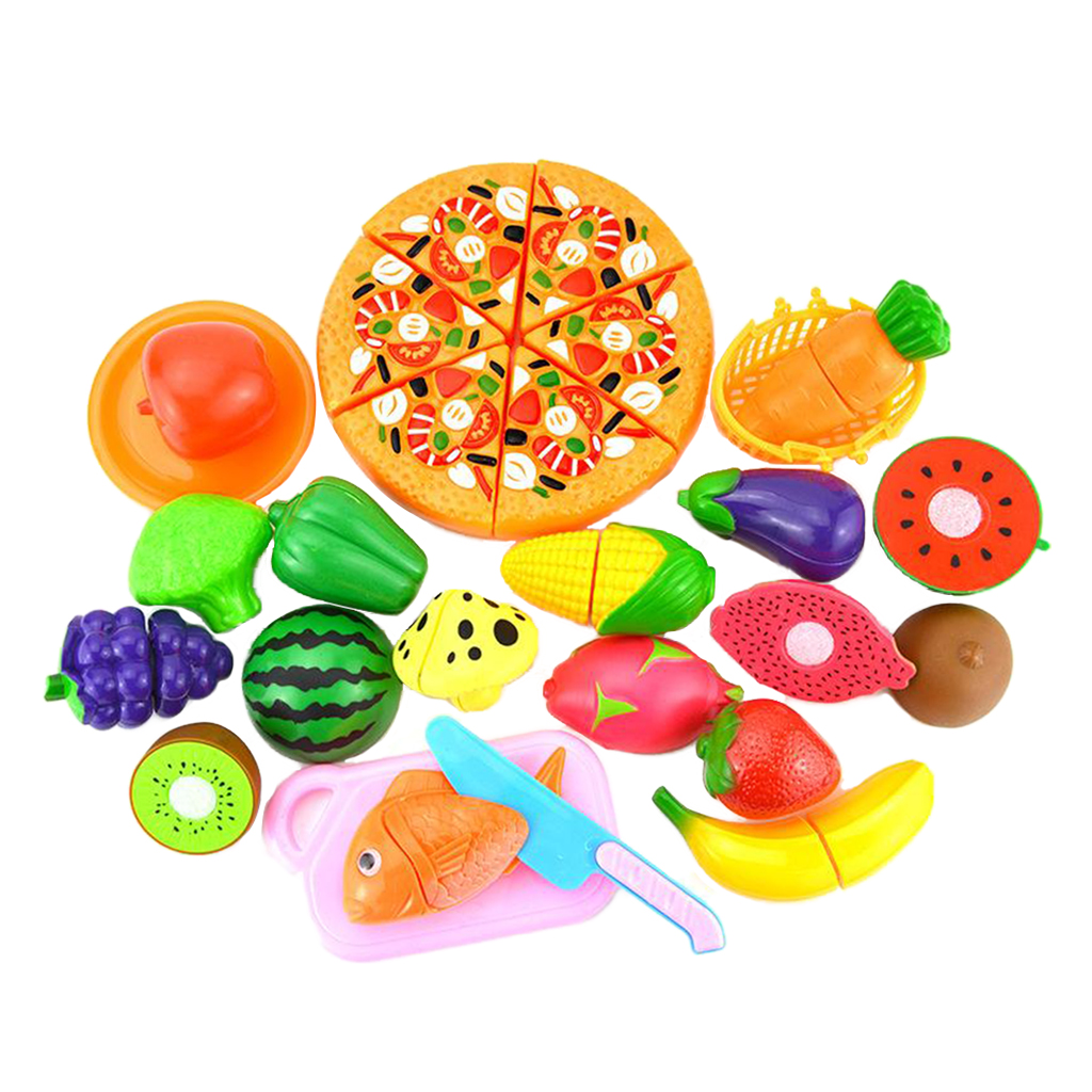 24 Piece Kids Pretend Role Play Kitchen Fruit Vegetable Food Toy Cutting Set Pizza, Strawberry, Mushroom, etc