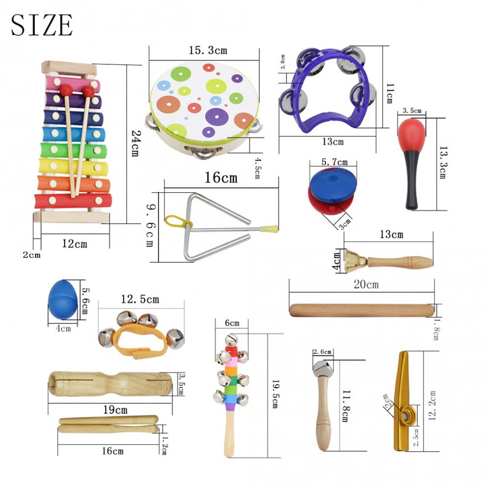 Description Picture 3 of item19pcs Orff Percussion Musical Instruments Set Hand Drum Knock Piano Xylophone Maracas Wrist Bells Mixed Kits for Children Baby