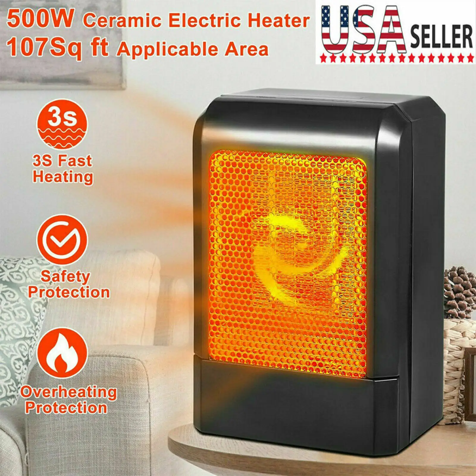 HOME OFFICE SPACE HEATING PORTABLE FAN SILENT 500W MINI CERAMIC ELECTRIC HEATER 