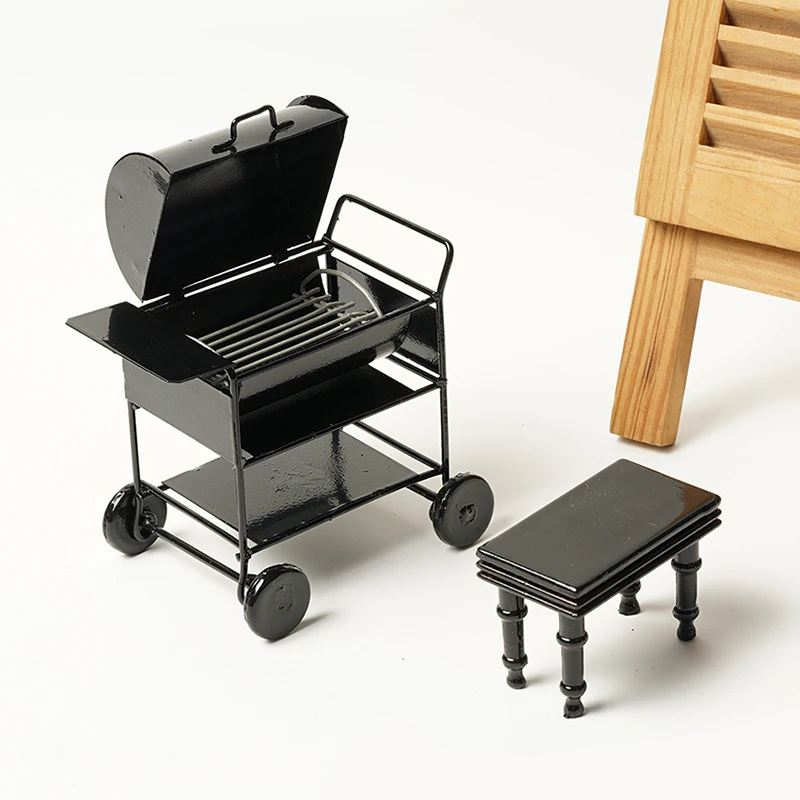 Miniature BBQ BBQ Grill Trolley For 1/12 Dollhouse Garden Decoration - Black