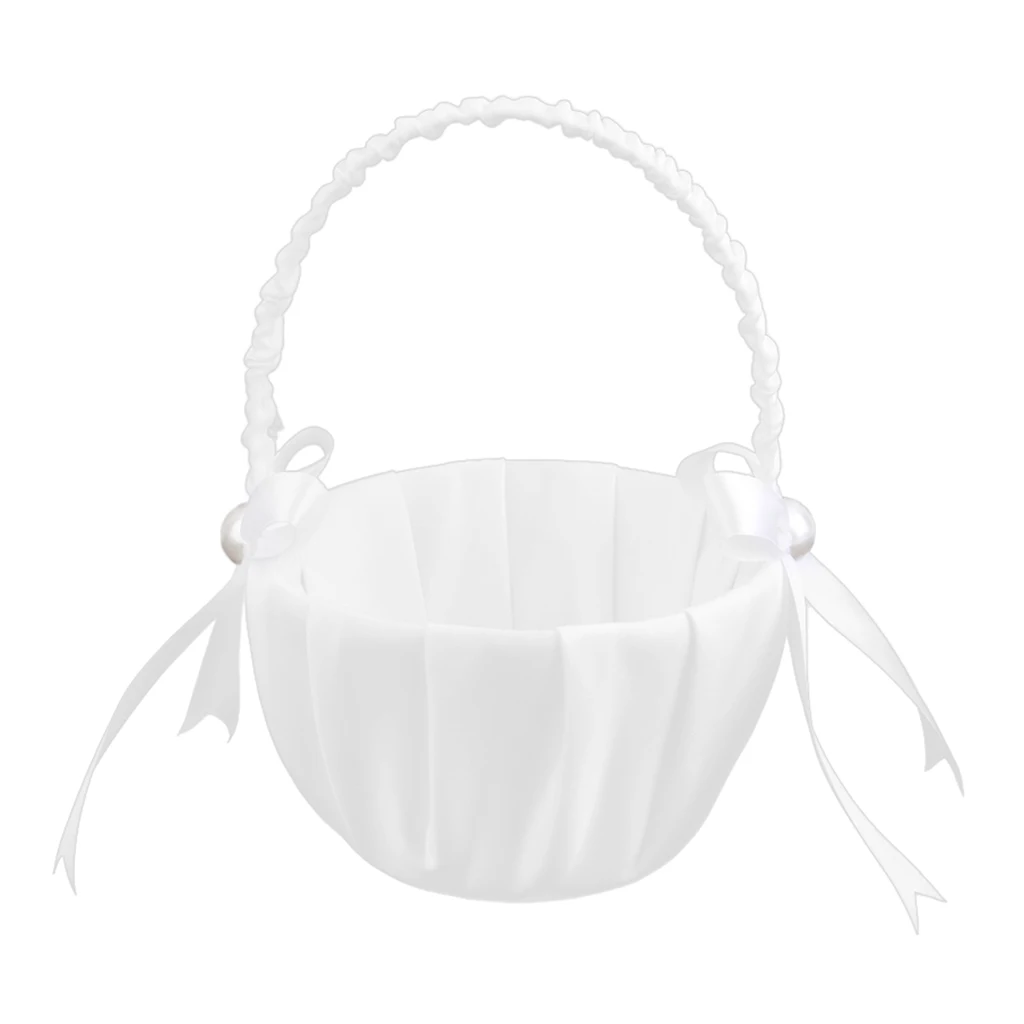 Beatiful Satin Bowknot Flower Girl Basket for Wedding Ceremony Party Ivory US 