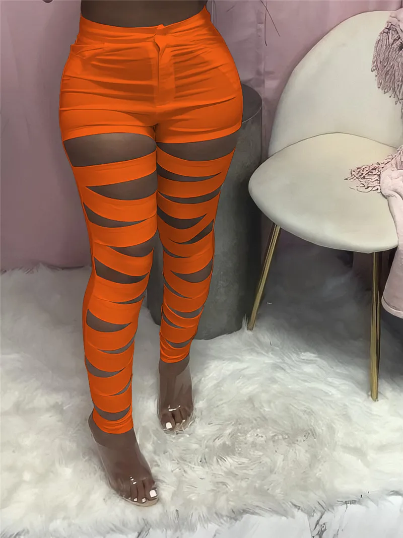 CHRONSTYLE 2021 Hollow Out Lace Up Sexy Pencil Pants Women High Waist Bandage Leggings Clubwear Party Pants Female Solid Bottoms leggings
