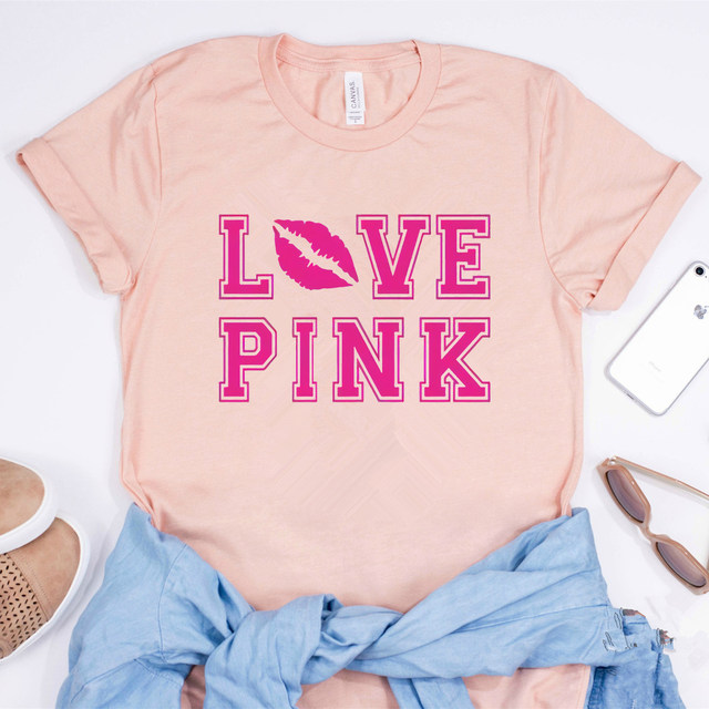 Women PINK Love Graphic Tee Pink Heart Shirt VS Summer Brand