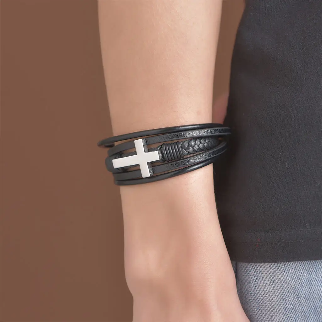 Bracelet Cross Bracelet Stainless Steel Cross Bangle Wristband Leather Band for Women Men Unisex