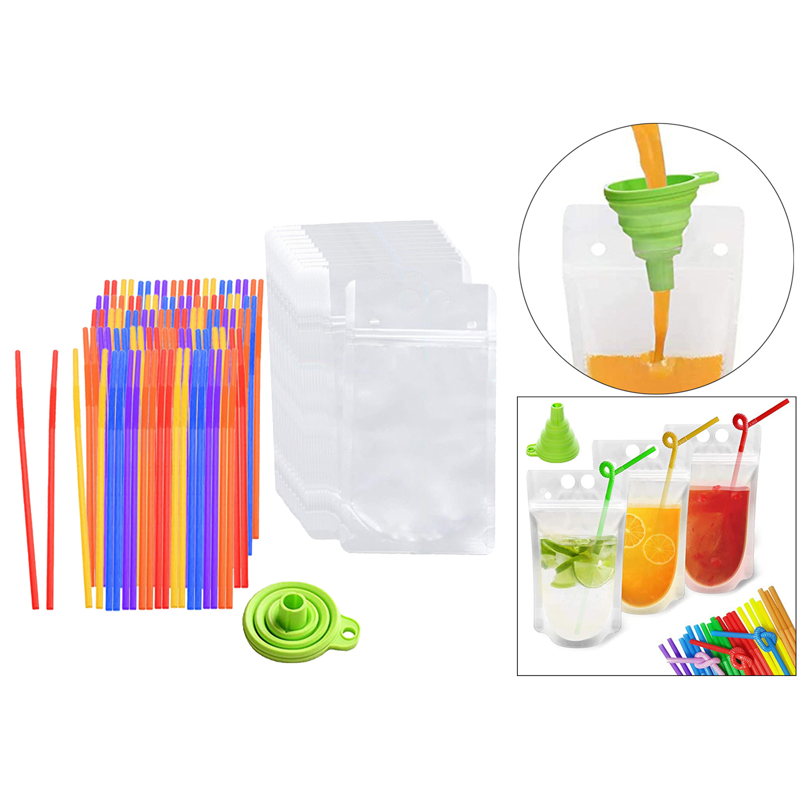 100 x Plastic Drink Pouches No Leak Juice Bags 500ml with Straws & Funnel