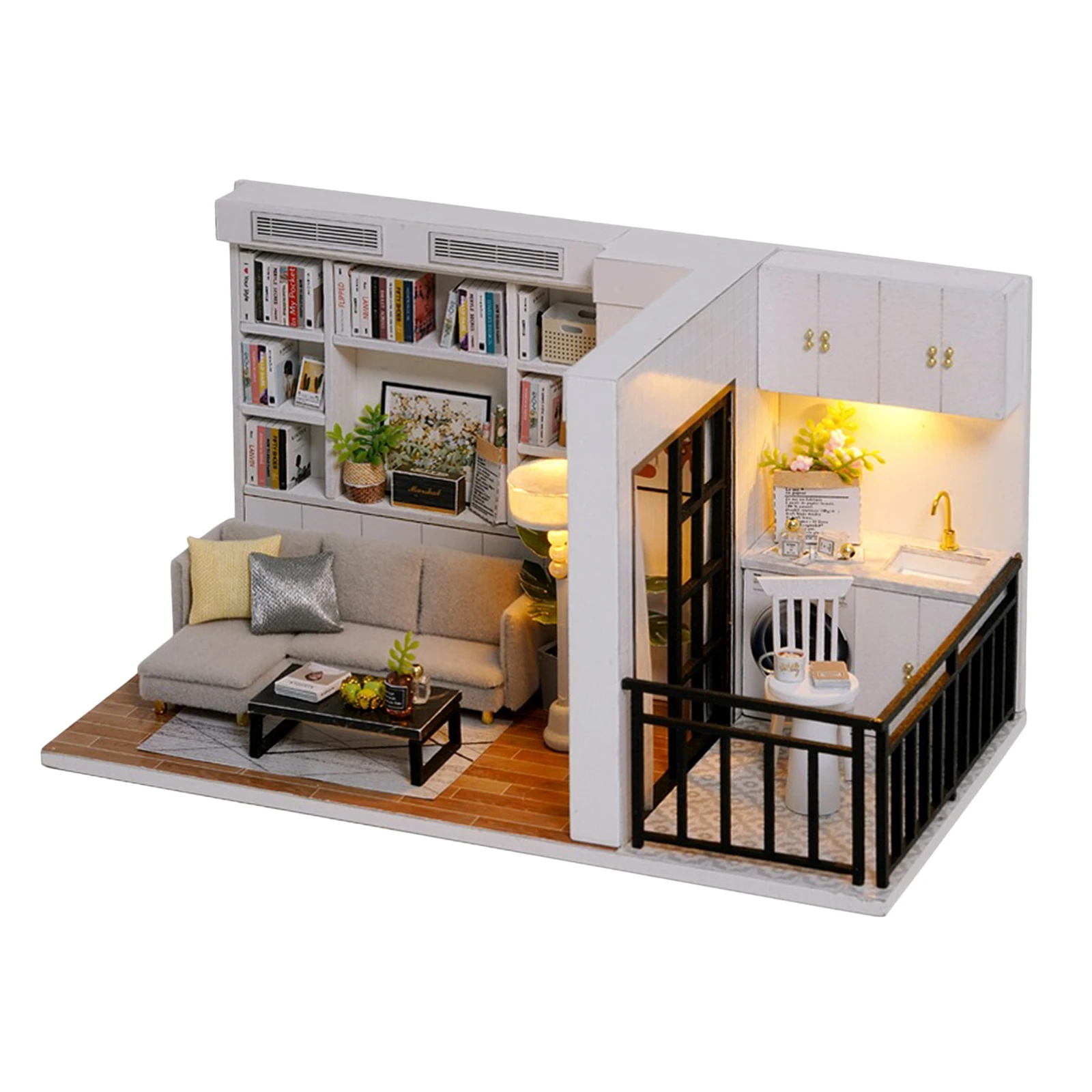 1:32 DIY 3D Wooden Miniature Dolls House with Furniture Building Modern Living Room Puzzles Kit Gift