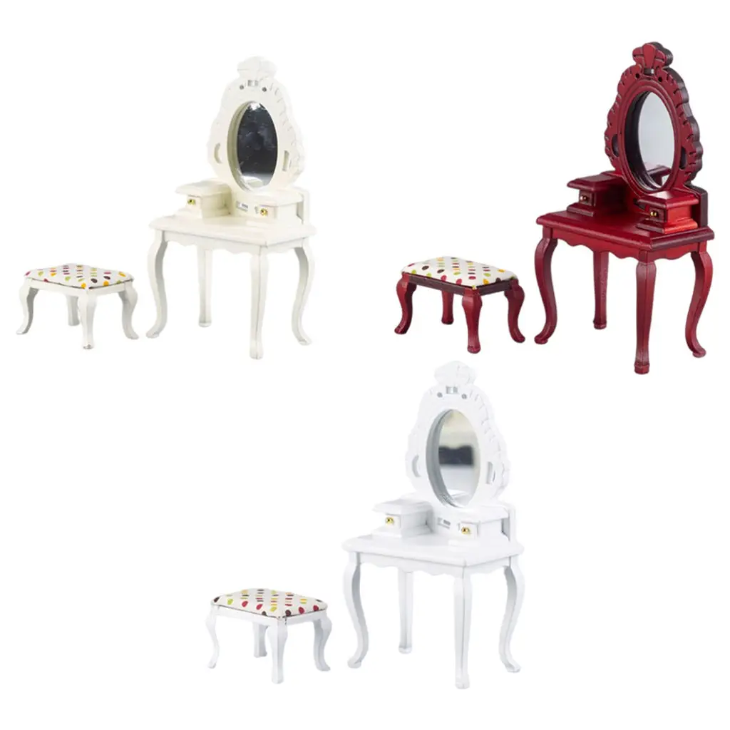 Handmade Miniature Dressing Mirror Table with Stool 1:12 Dollhouse