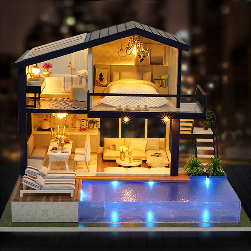 Handcraft Miniature Dollhouse Plus LED Light Battery Case Wooden Villa Cottage House Creative Room 3D Puzzles Model for Girls
