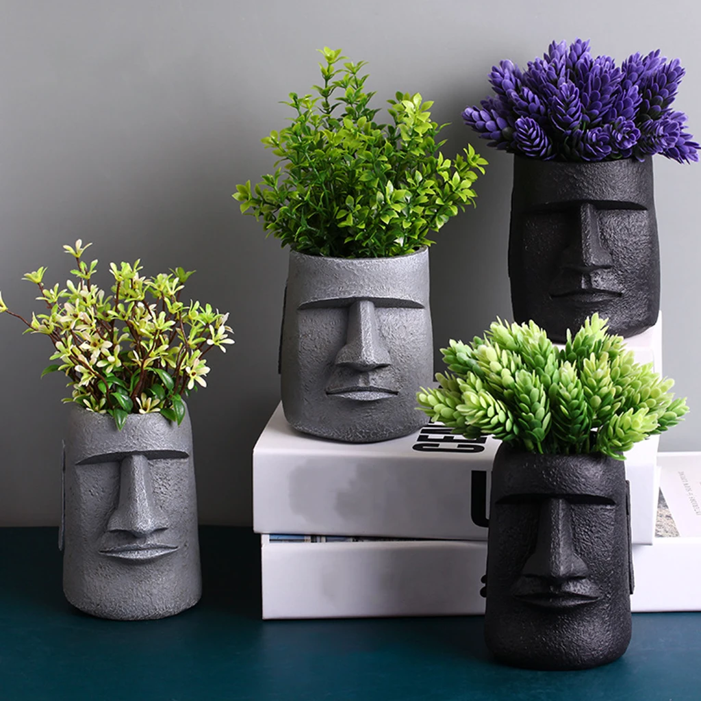 Creative Resin Easter Island Sculpture Head Design Desktop Flowerpot Succulent Pot Face Vase for Home Garden Indoor Decor