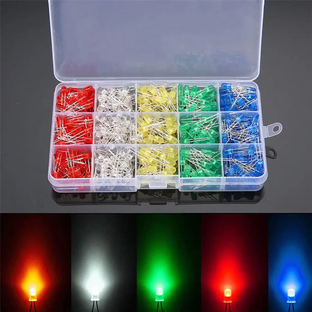 500pcs 5mm LED Diodes Lights Round Head Light Emitting Diode Lamp Bulb Assortment Kit - White/Yellow/Red/Blue/Green