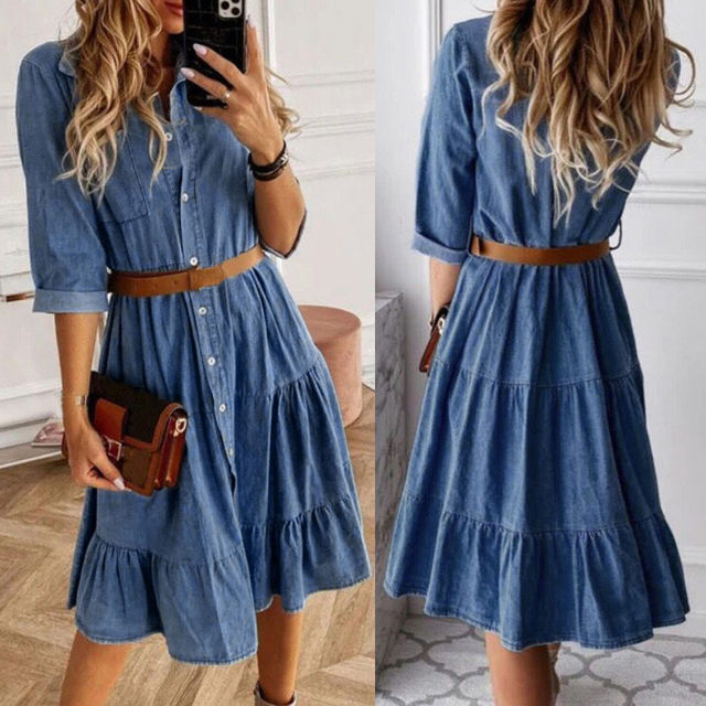 Elegant Lace-up Denim Dress for Women 2023 New Ruffle Belt