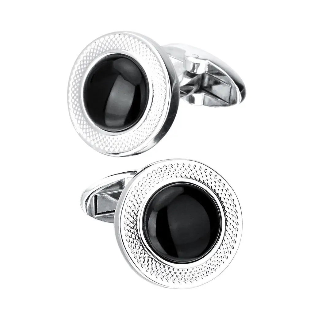 1 Pair Fashion Men`s French Cuff Links Black Agate Round Copper Cufflinks