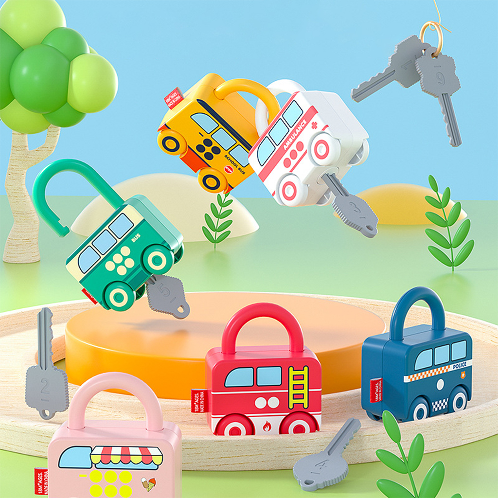 Cartoon Bus Unlocking Paired Toys, Digital Car Locks Keys Matching Educational Set for 4 to 6 Years Children Intelligence Kits