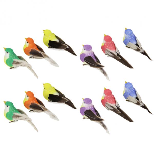 Pack of 12 Artificial Feathered Birds Garden Outdoor Statues for Bonsai Hanger Lawn Decoration
