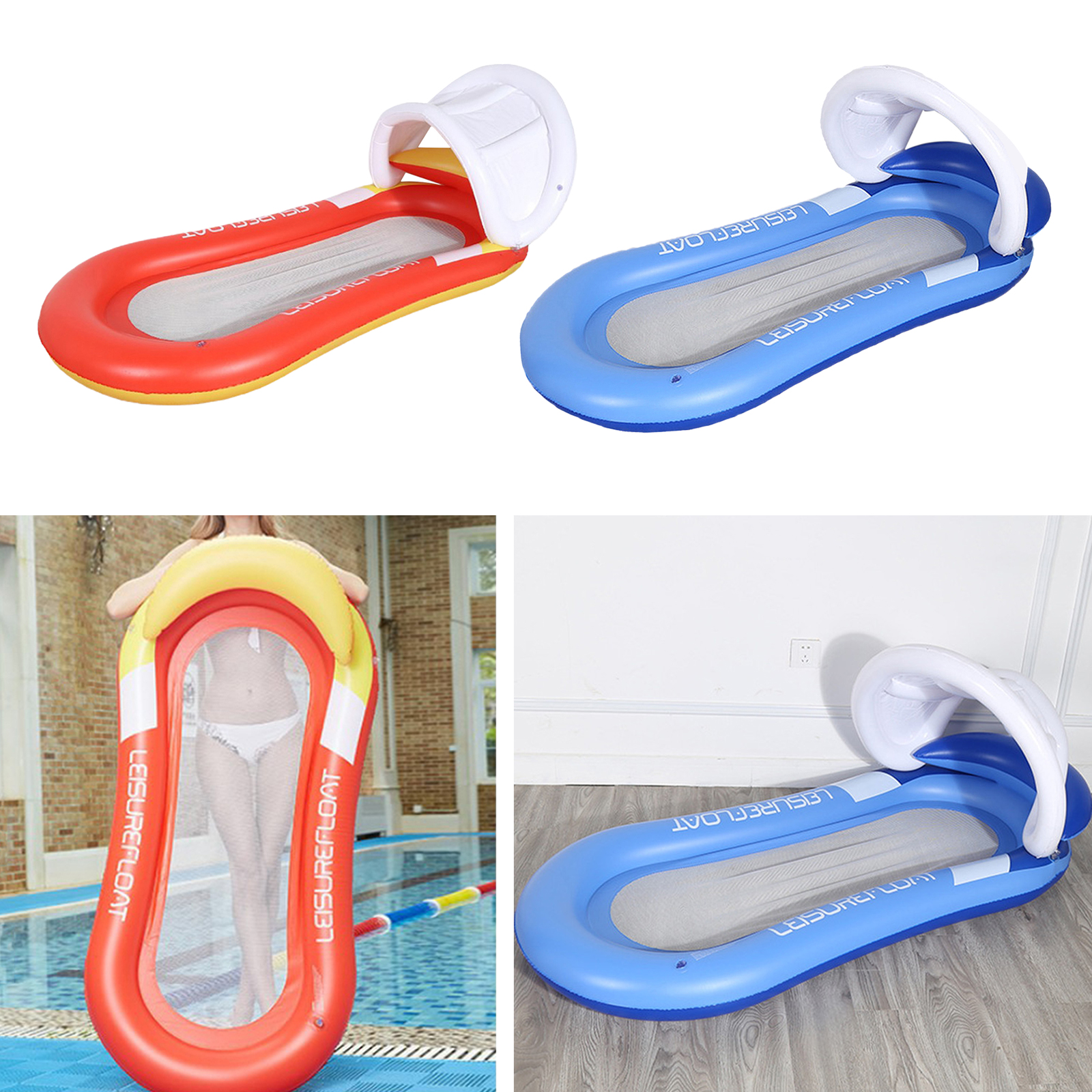 Deluxe Inflatable Hammock Float Row with Awning Swimming Bed Portable Beach Summer Supplies 63x35 Inch
