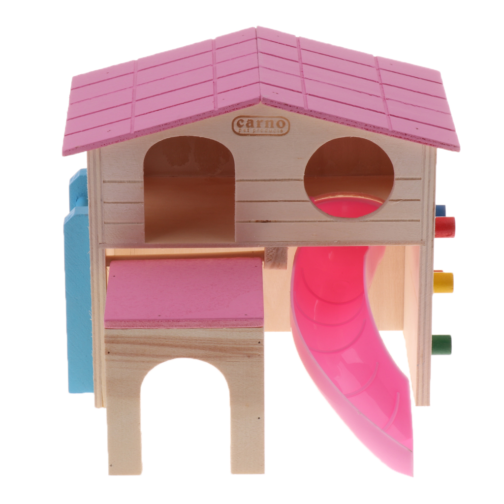 Colorful Pet Small Animal Hideout Hamster House 2 Layers With Stairs Design, Wooden Hut Play Toys Chews - Random Color