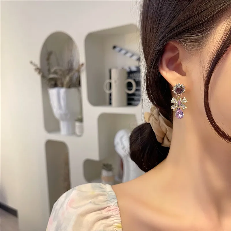 Korean Light Luxury Full Rhinestone Bow Clip on Earrings Female Sweet Purple Rhinestone Pendant Clip Earrings Without Piercing
