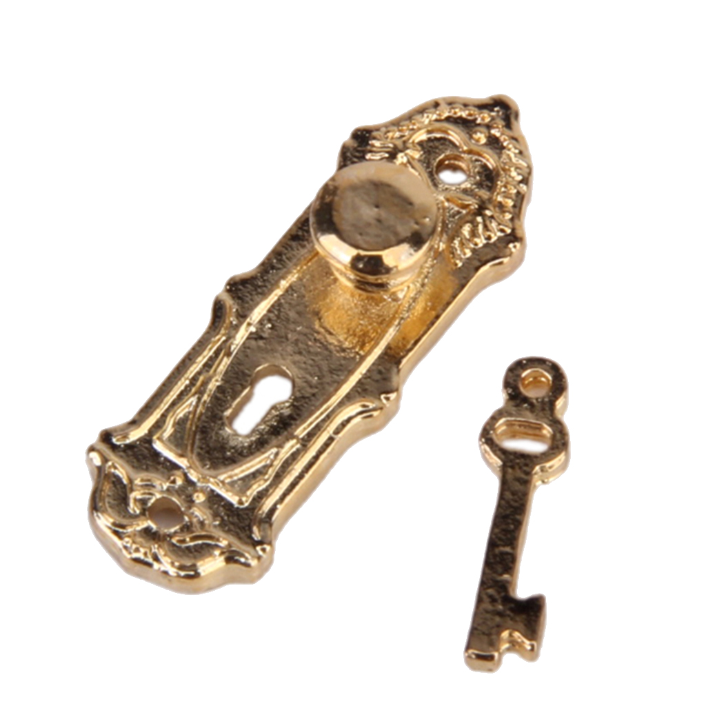 Dollhouse Miniature 1/12 Gold Metal House Hardware Door Lock And Key 2 Sets