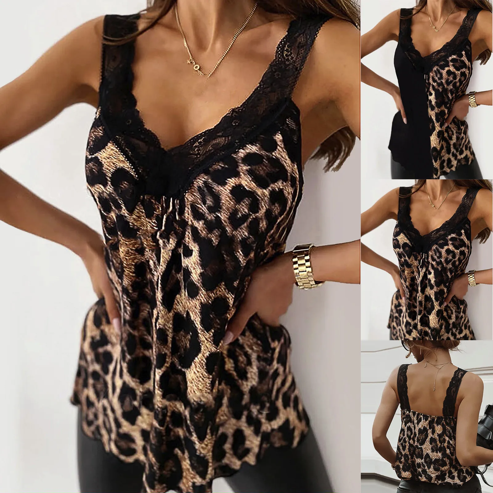 Fashion Plus Size Tops Women  Summer Sexy  Leopard Print Sleeveless Vest Lace Camisole Casual Tank Tops Blouses