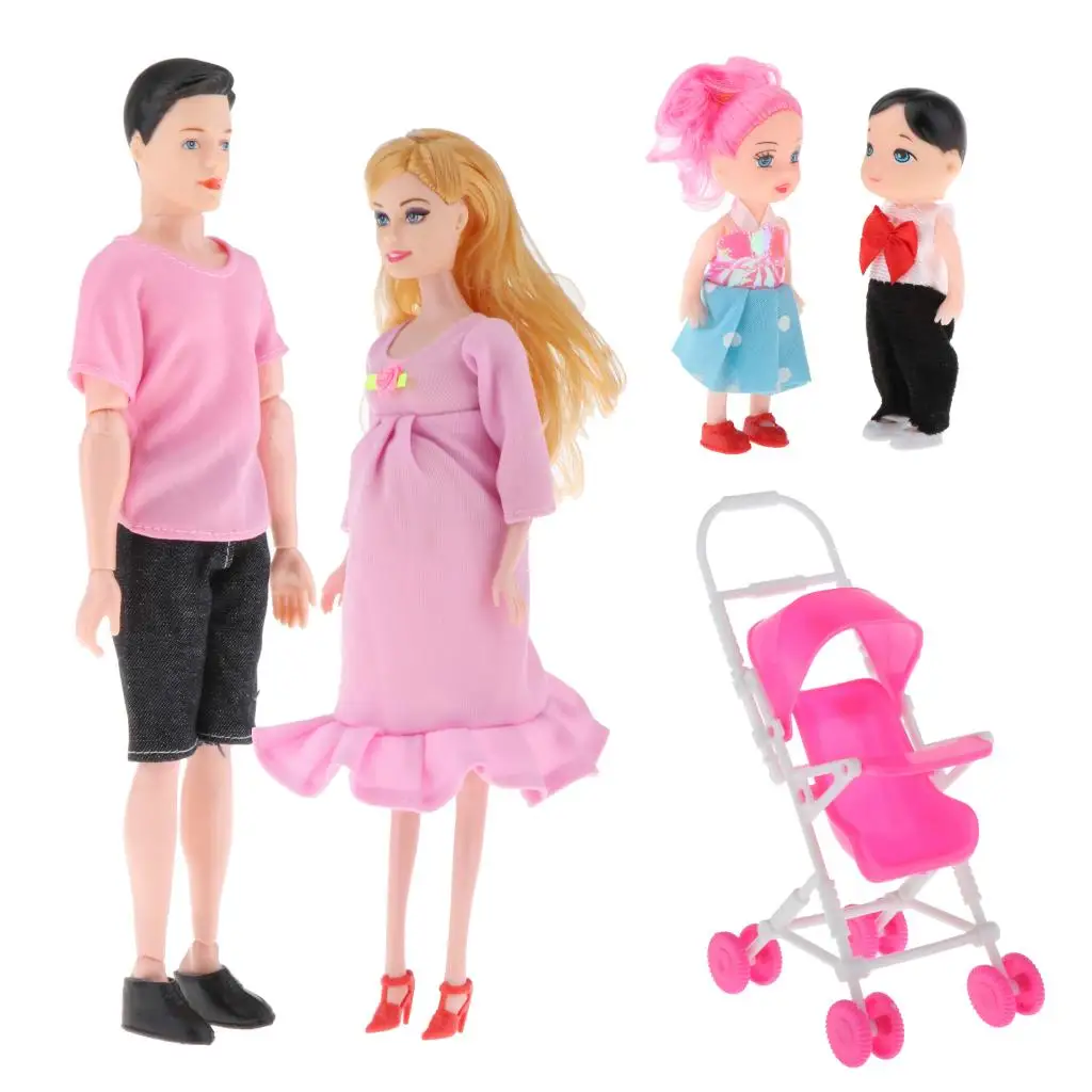 Family Doll Set Dad Pregnant Mom Daughter Son Baby Baby Doll Stroller Accessories for Girls Toys Pink