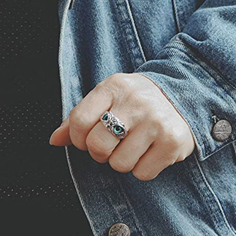 YADELAI Charming Fashion Owl Ring Vintage Man and Women Alloy Blue Eyes Owl Ring Versatile Argent  Adjustable Creativering Ring