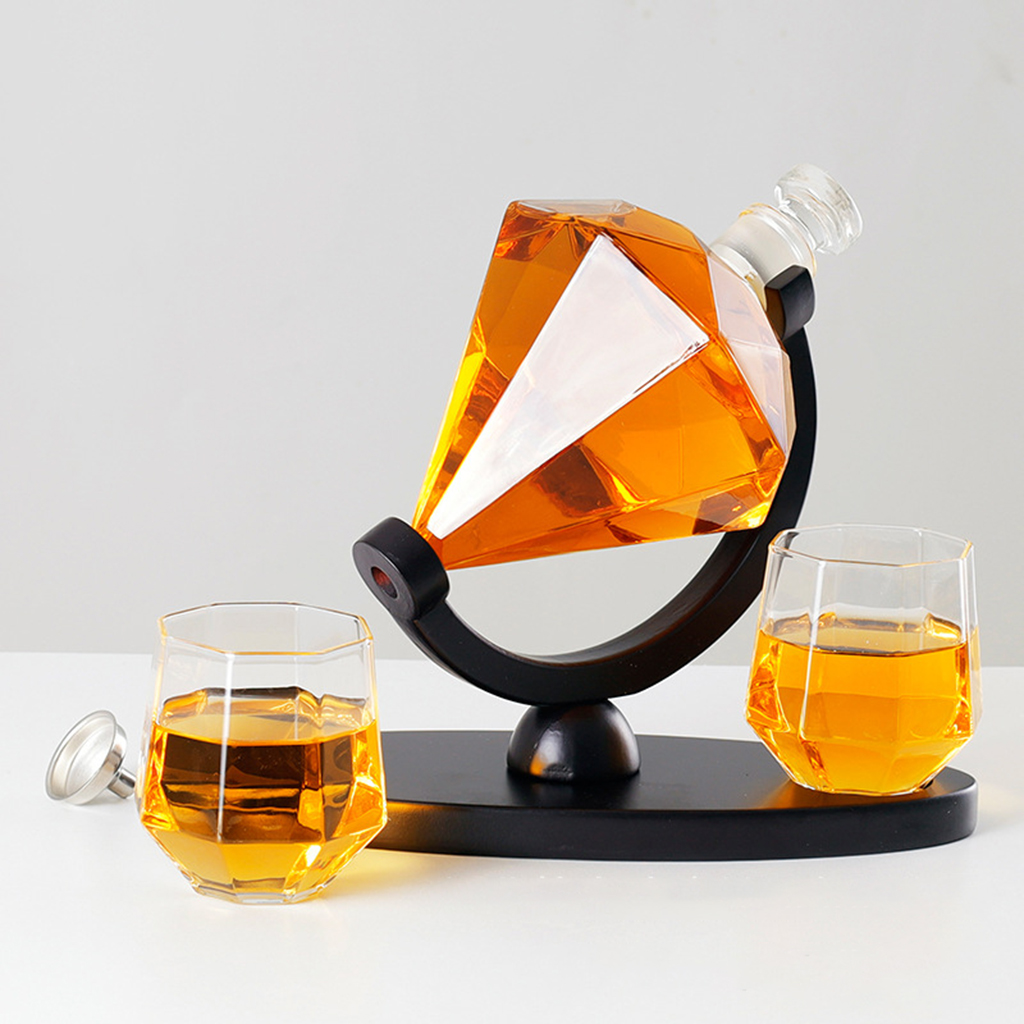  Decanter Wine Glass Set Diamond Crystal Whisky Carafe with Fine Wood Stand Liquor Decanter