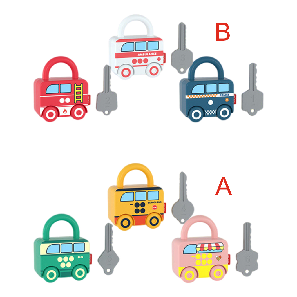 Cartoon Bus Unlocking Paired Toys, Digital Car Locks Keys Matching Educational Set for 4 to 6 Years Children Intelligence Kits