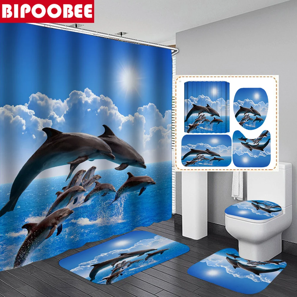 3D Waterproof Polyester Dolphin Bathroom Shower Curtain Sheer Dolphin Hooks MA 