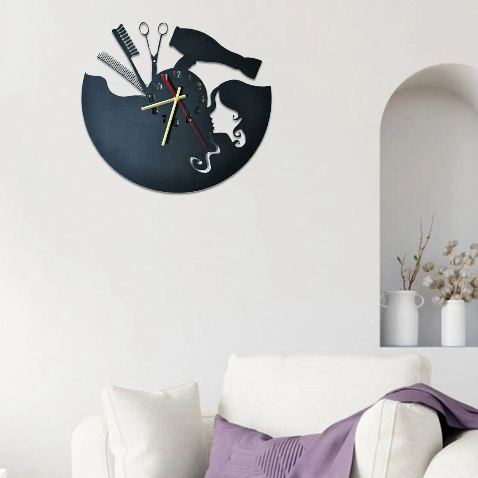 Hairdresser Wall Clock Silent Non Ticking Black for Art Decorations Classroom Home Office