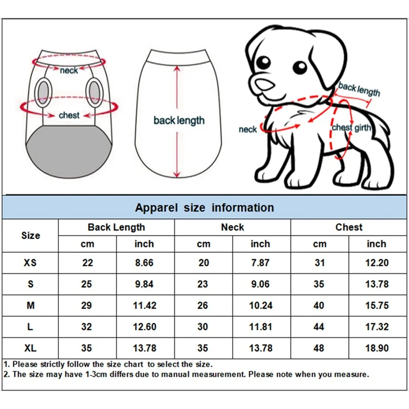 Una tabla de tallas para ropa para mascotas, específicamente para perros. Incluye medidas de largo de espalda, cuello y contorno de pecho tanto en centímetros como en pulgadas.