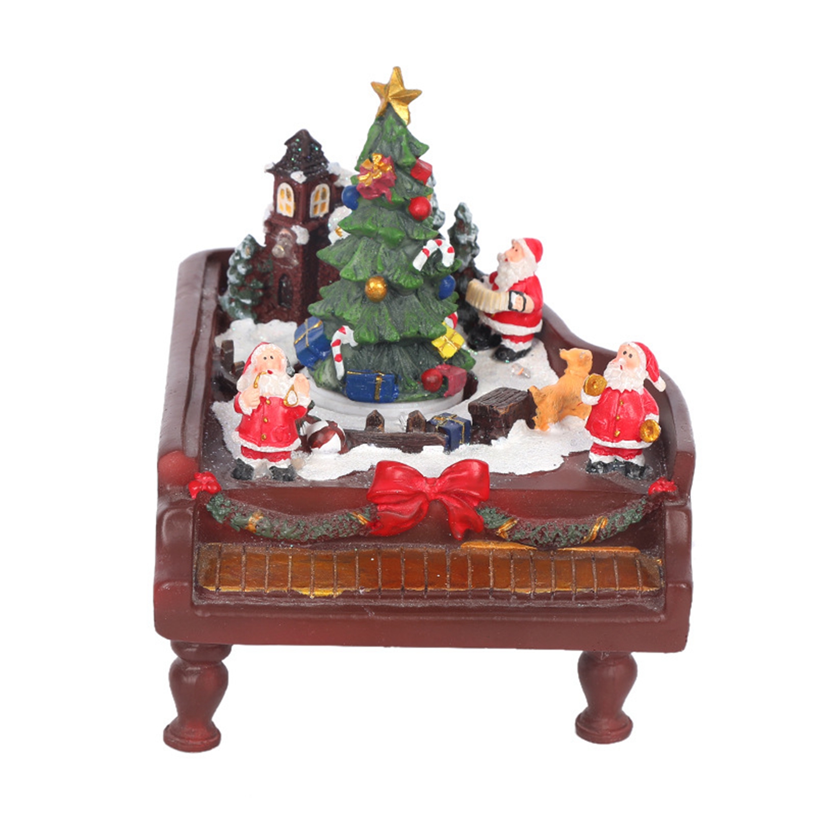 Romantic Resin Snow Scene Vintage Piano Music Box Revolving Christmas Tree LED Light Home Decoration Ornament Gift Collection