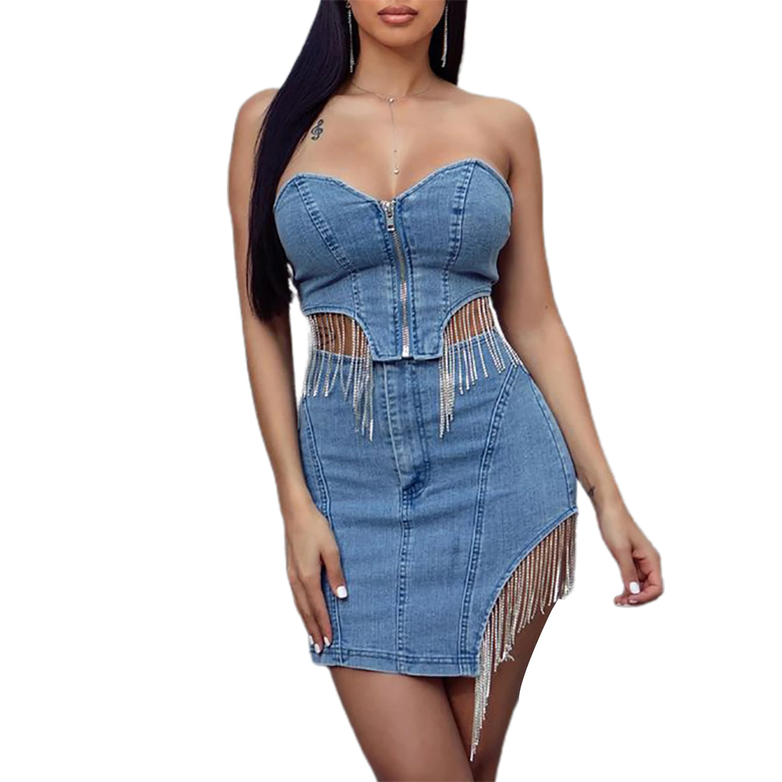 lace bathing suit cover up hirigin 2 Pieces Suit Set Female Tassel Trim Sleeveless Strapless Tops with Zipper Denim Skirt for Club Night 2021 New Fashion swim skirt cover up no brief