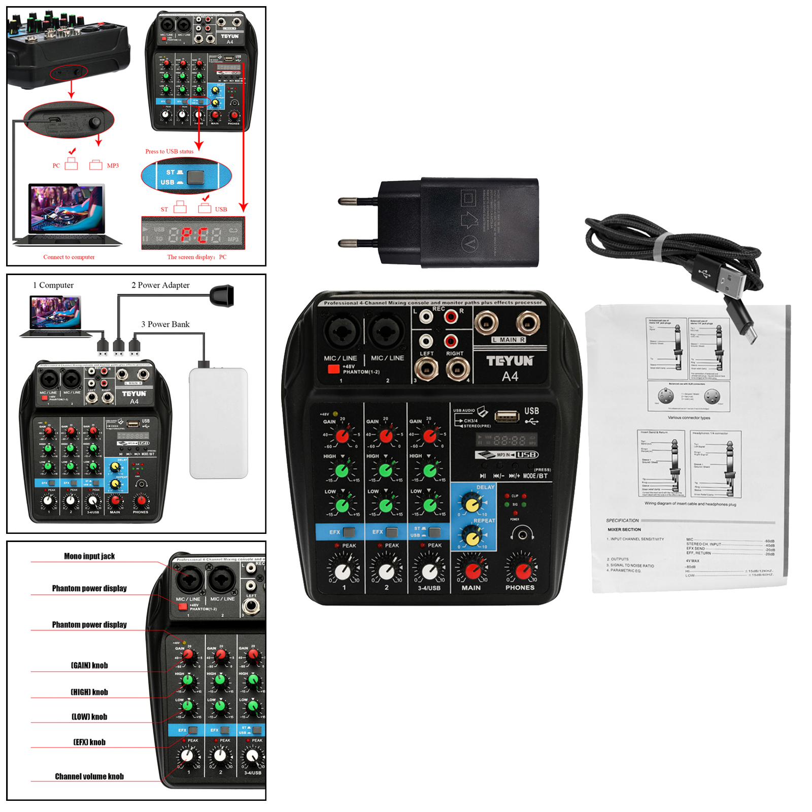 1pc Portable 4 Channel Digital DJ Sound Mixing Console System MP3 Jack 48V Amplifier AUX Paths for Studio Streaming