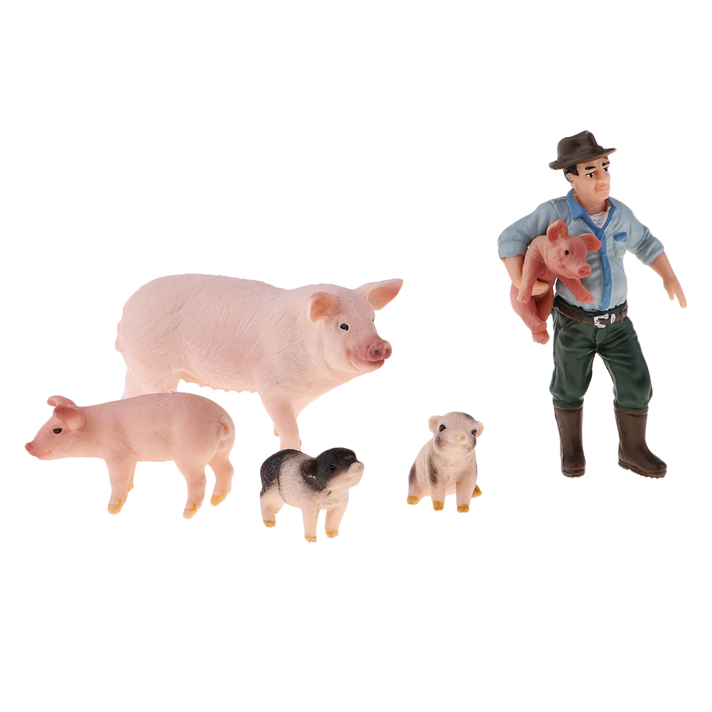 Lifelike Farm Animal Figure Plastic Farm Animals Toy Set - Farmer & 4 Pig