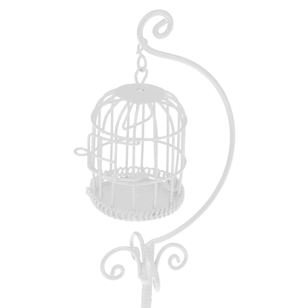   1  :  12     Scale     Dollhouse     Miniature     Metal     Bird     Cage     with     Stand     Garden       White  