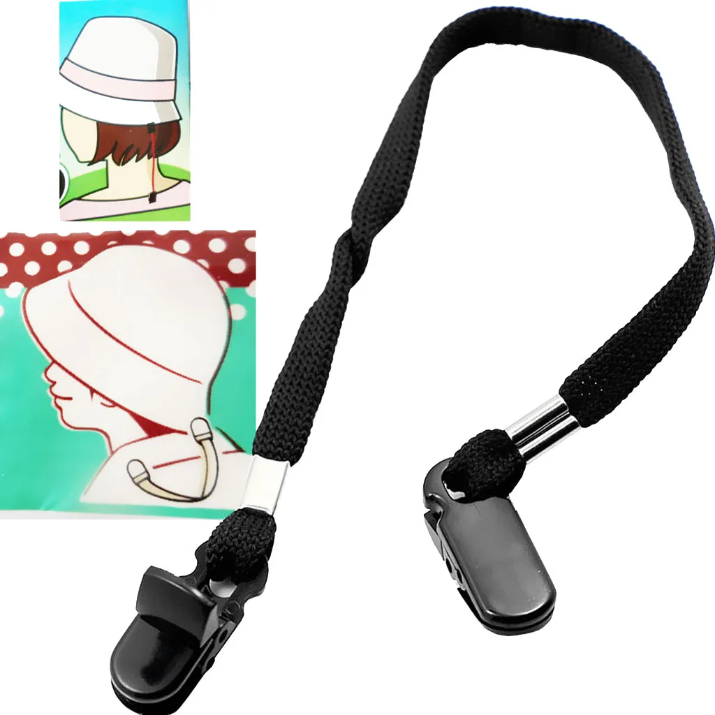 9mm Black Polyester Fiber Safety Wind Clips Lanyard Cord For Hat Cap Scarf