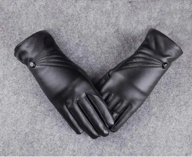 Fashion Women Black Faux Leather Full Finger Gloves Winter Warm Mittens 