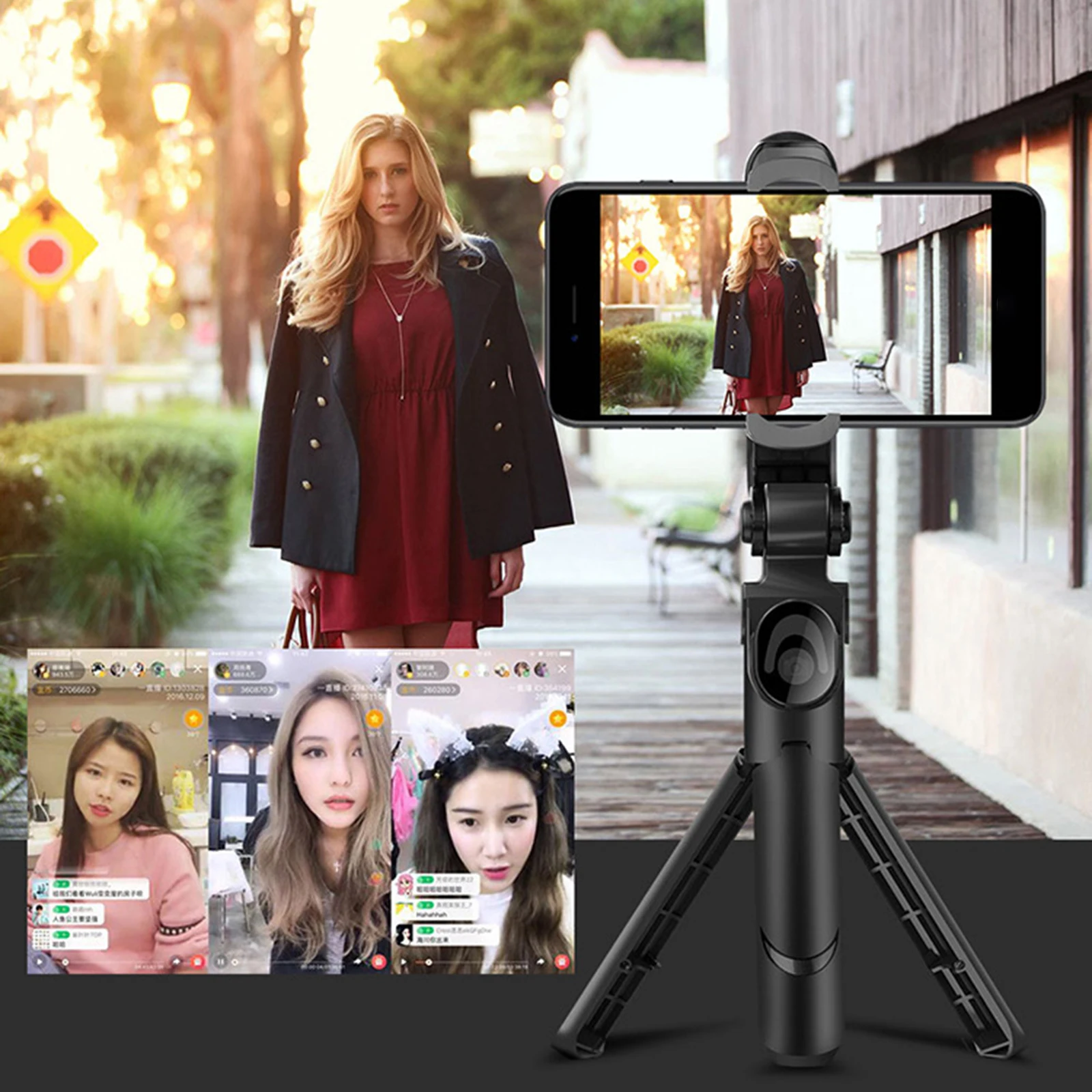 XT09 Compact Extendable Selfie Stick Tripod Phone Holder with Bluetooth Remote for Recording Videos