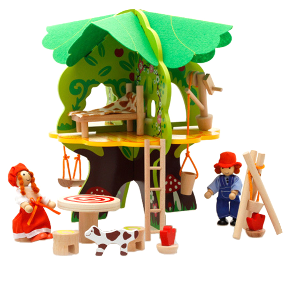 DIY Wooden Dollhouse Tree House Miniature Doll Figures Furniture Project Construction Kits Kids Building Toy Early Learning