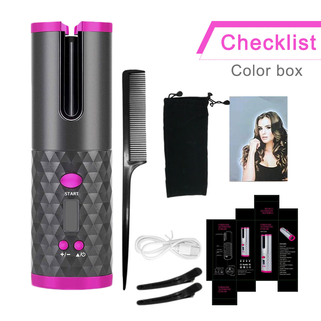Automático sem Fio Modelador de Cabelo Lcd com 1 Pente + 2pc Cabelo Curling Ferro Portátil Recarregável Onda Styer Display Clipes Usb 15 de cabelo portátil usb recarregável cabelo onda