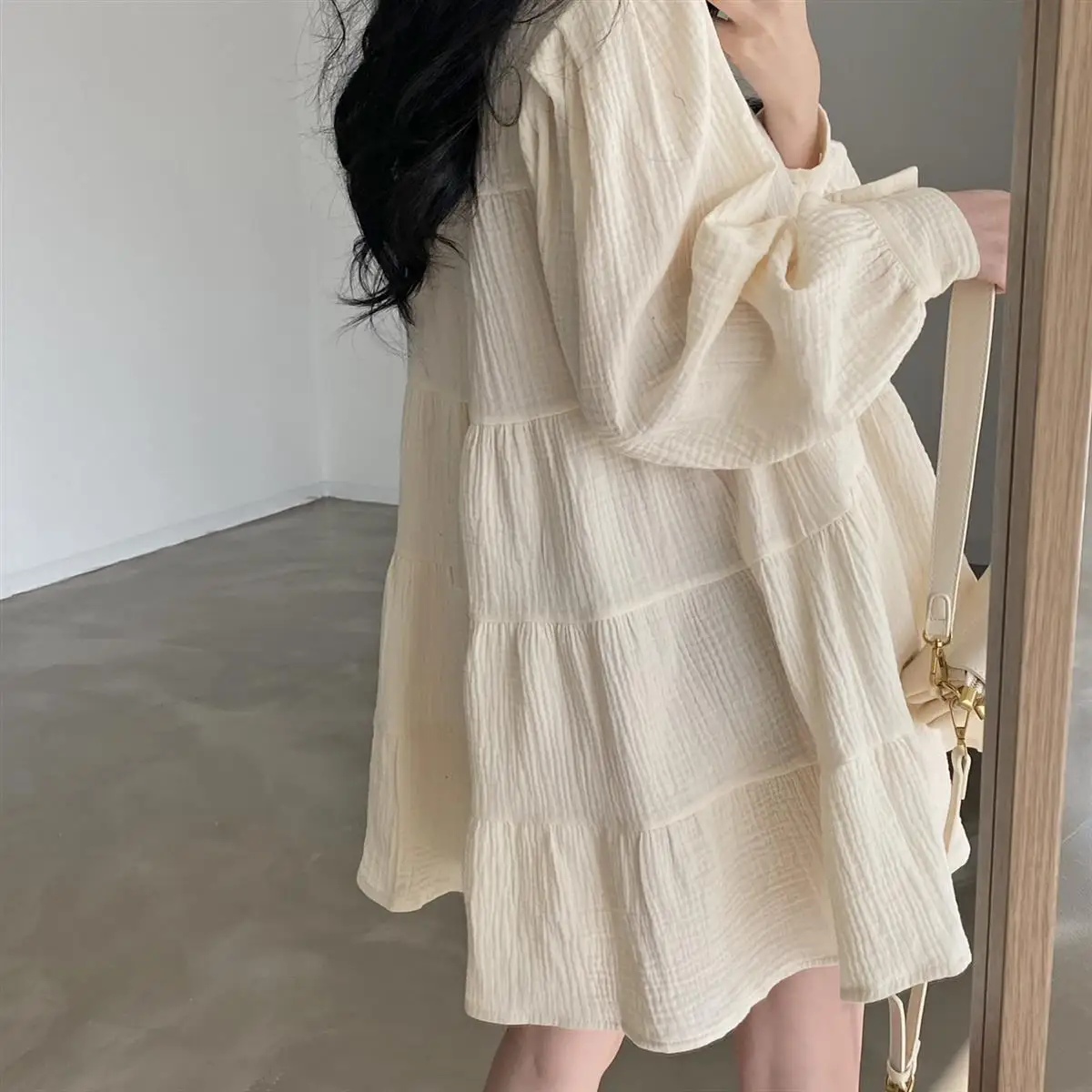 Long Sleeve Dress Women Ins Ulzzang Spring Lovely Solid A-line Ruffles Korean Apricot Fashion Retro Turn-down Collar  Clothes boho dresses